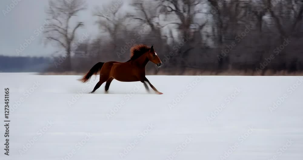 A horse gallops across a snow-covered field