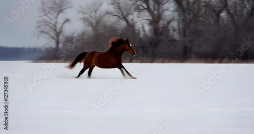 A horse gallops across a snow-covered field