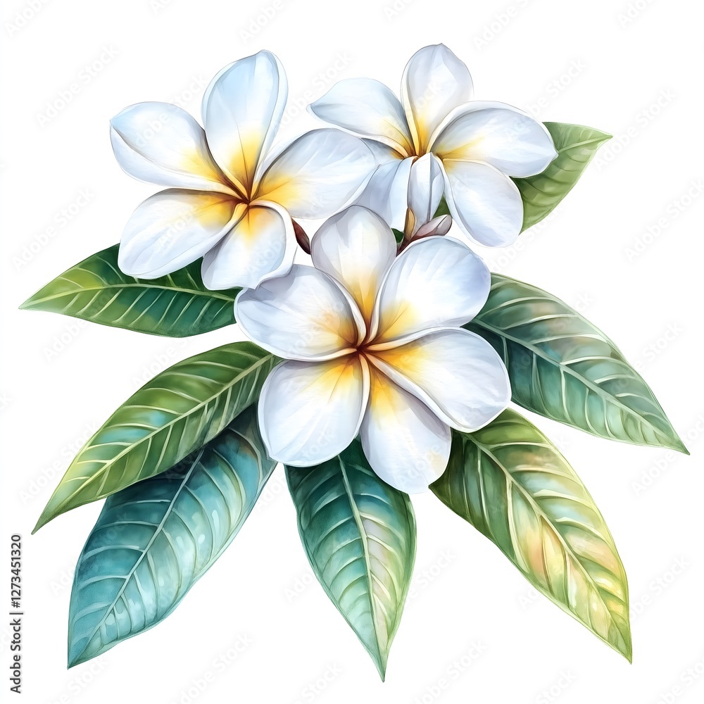 Fototapeta premium white plumeria with leaves on isolated white background, watercolor illustration.