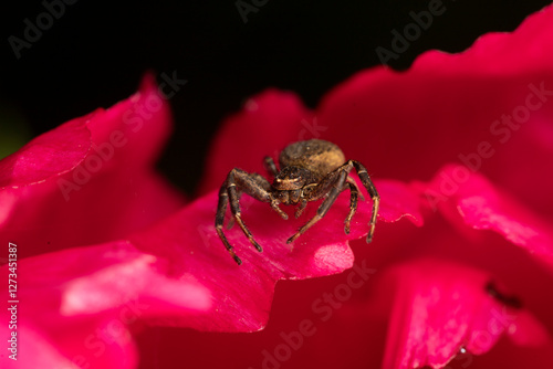 Brown crab spider on a red flower