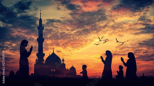 Muslim Family Silhouetted Against Sunset Mosque
