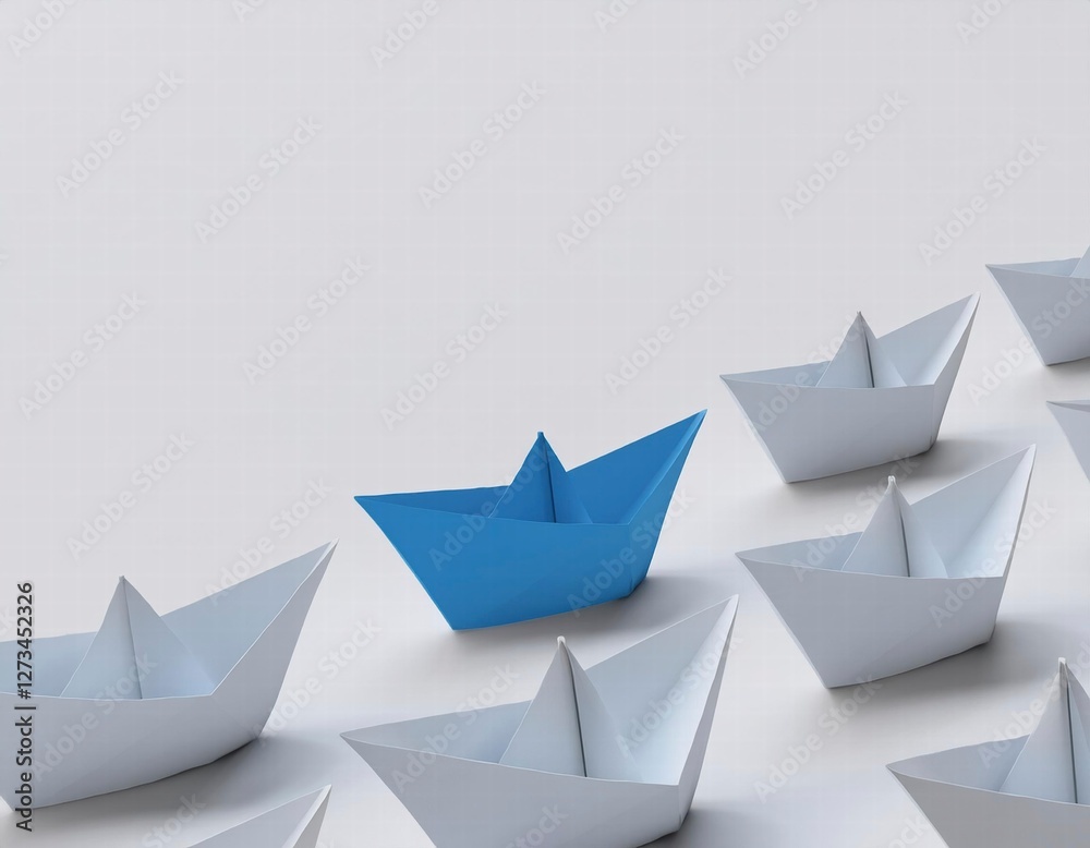 3D single blue paper boat stands out among a fleet of white ones 3D single blue paper boat stands out among a fleet of white ones