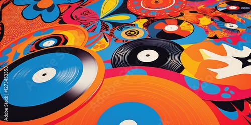 Retro vinyl records music background for DJ cover or vintage art, colorful abstract shapes