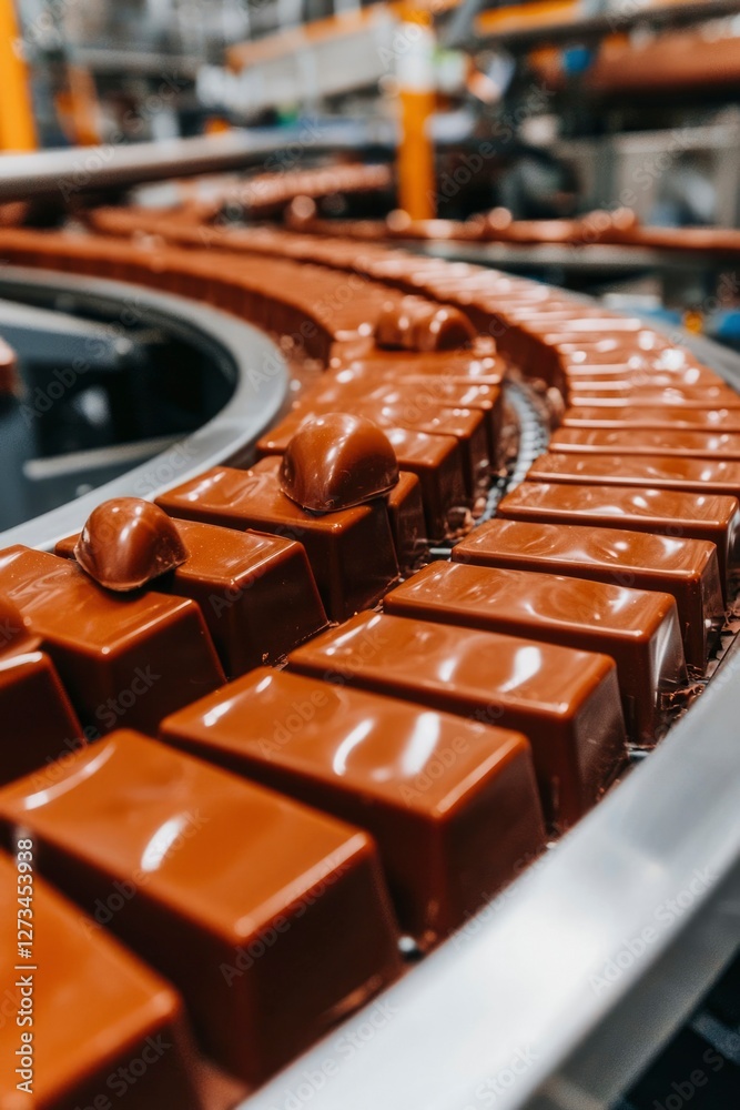 Chocolate candies on conveyor belt moving in a factory for food production ads