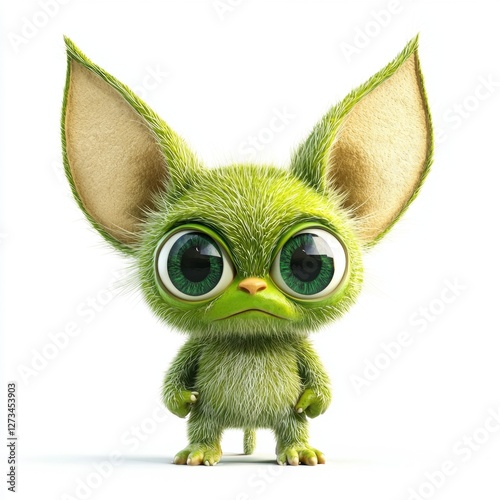 Tiny green monster with big floppy ears isolated on white background