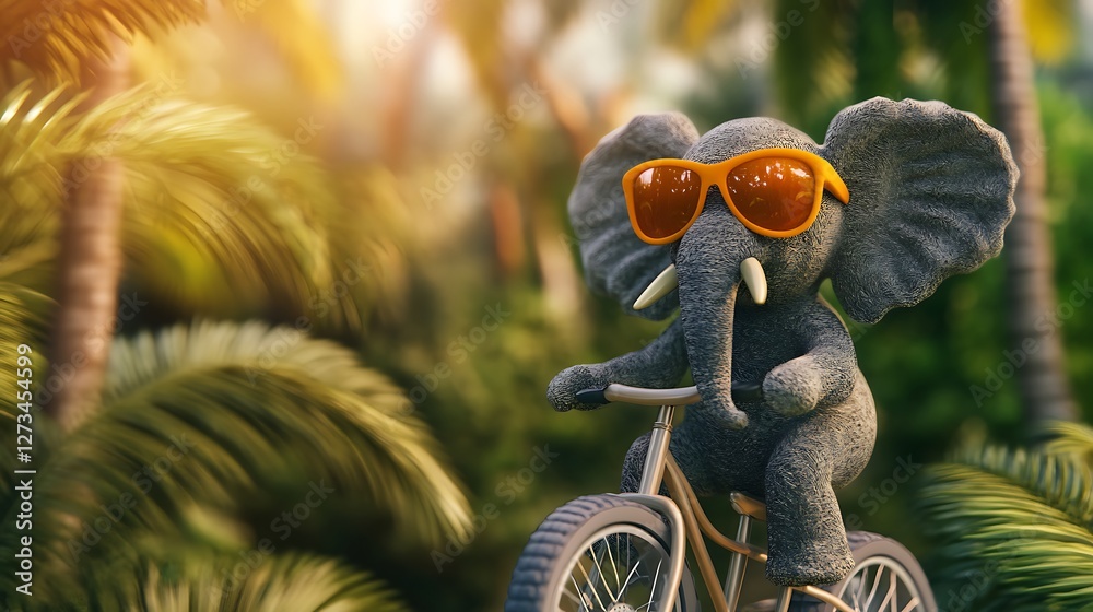 Stuffed elephant with sunglasses riding a bicycle in tropical setting Stuffed elephant with sunglasses riding a bicycle in tropical setting