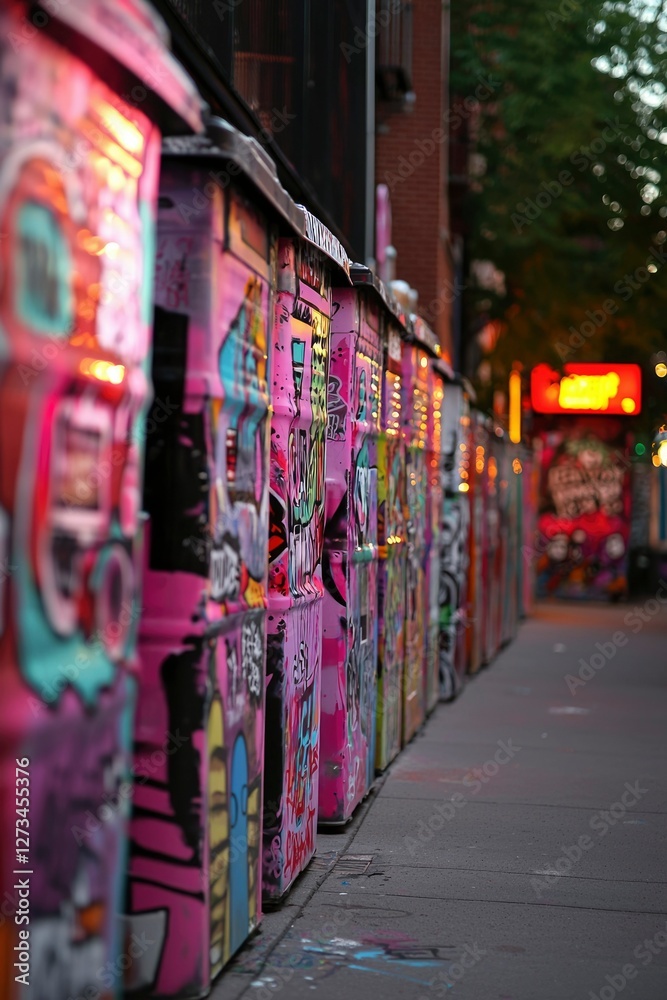 Fototapeta premium Colorful, graffitied bins in a city alley, creating a vibrant, edgy urban setting