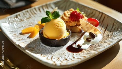 Gourmet dessert plating with ice cream and fresh strawberries on textured plate photo