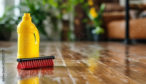 High fidelity wooden floor polishing with cleaning solution and brush, ideal for home interiors and maintenance with copy space