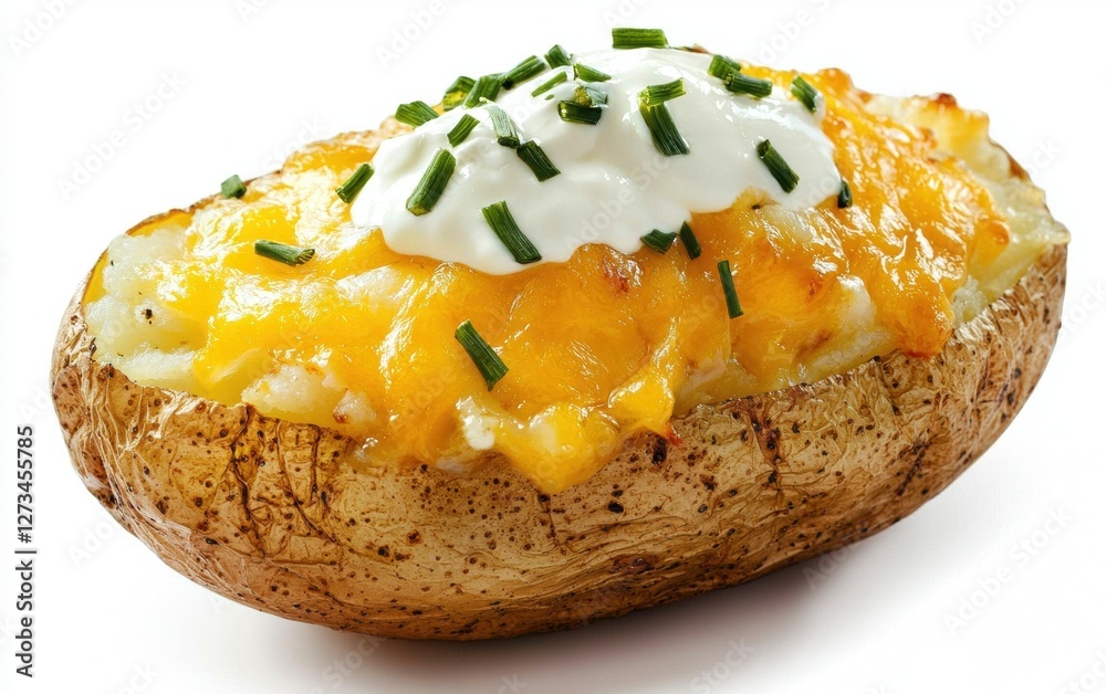 Soaring baked potato with melted cheese and sour cream, isolated on a white background Soaring baked potato with melted cheese and sour cream, isolated on a white background