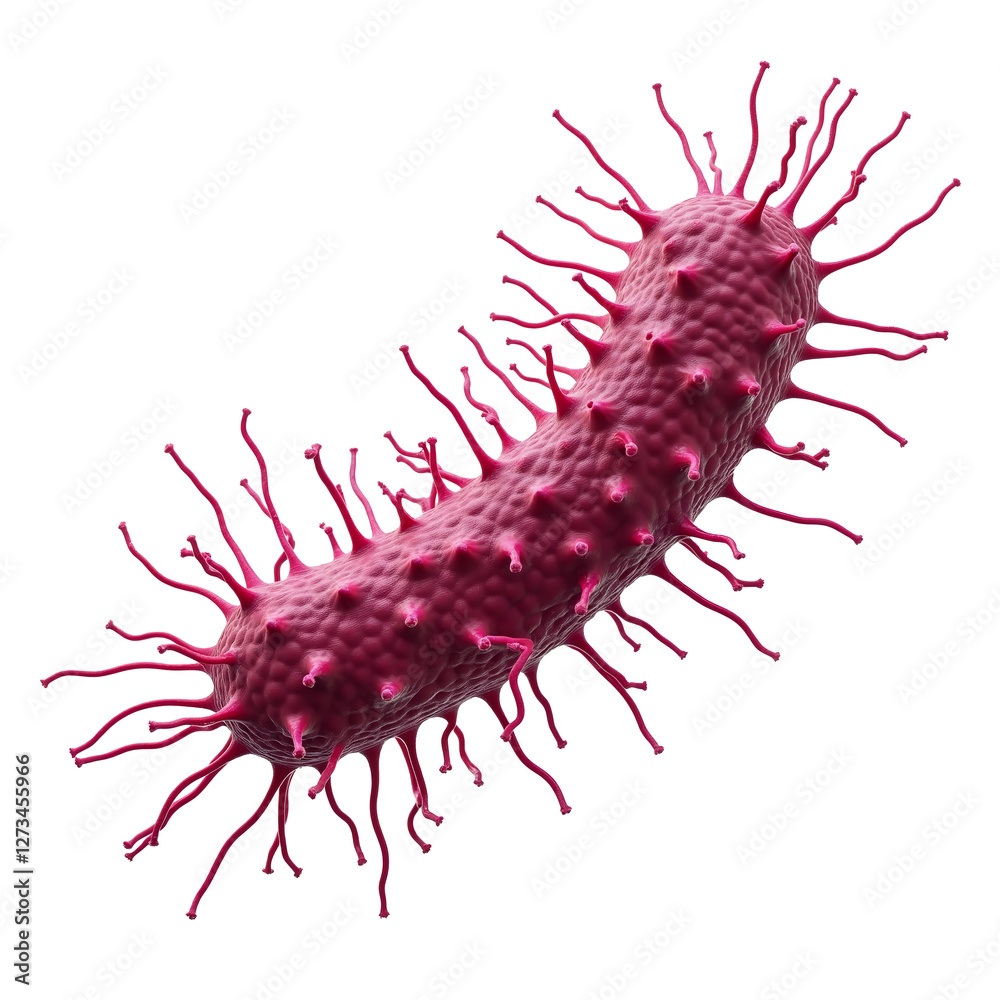 Bacterium with elongated shape, pink color, rough texture, filamentous structures extending from surface Bacterium with elongated shape, pink color, rough texture, filamentous structures extending from surface