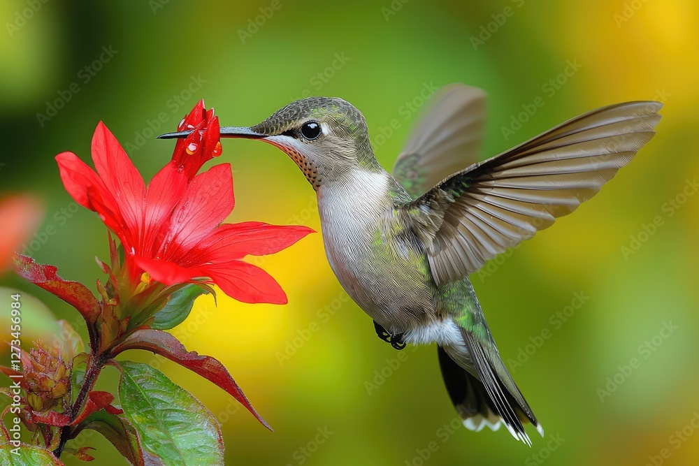 Naklejka premium Hummingbird feeding from a vibrant red flower in nature