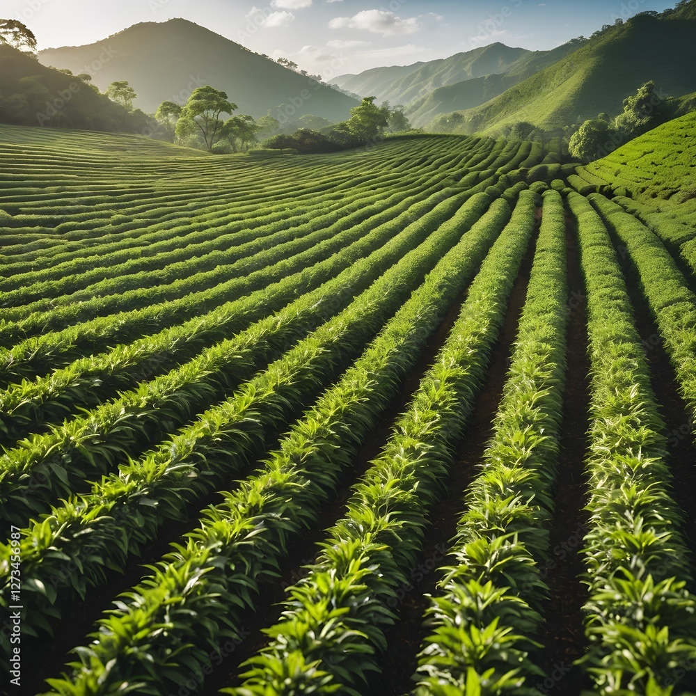 Fototapeta premium Lush Green Tea Plantation on Rolling Hills at Sunrise