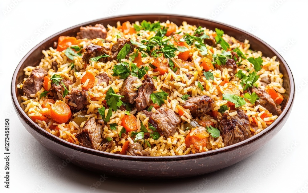 Soaring dish of Uzbek plov pilaf with lamb and carrots, isolated on a bright background Soaring dish of Uzbek plov pilaf with lamb and carrots, isolated on a bright background