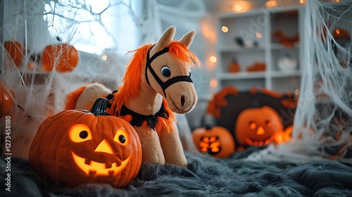 Stuffed horse dressed as pumpkin in a Halloween themed room with cobwebs and jack-o-lanterns spooky yet cute