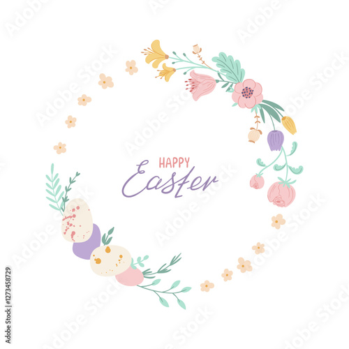 Easter wreath with eggs, flowers and branches on white background. Decorative round frame with Happy Easter lettering. Unique design for your greeting cards, banners, flyers. Vector illustration