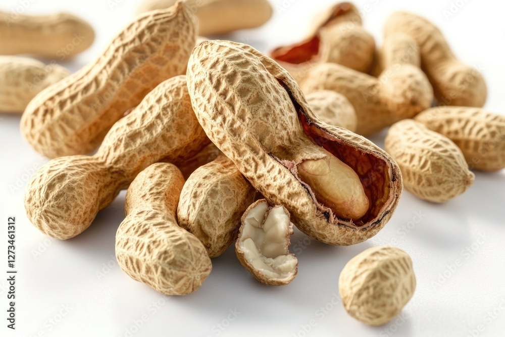 A collection of peanuts stacked on a clean white background A collection of peanuts stacked on a clean white background