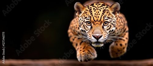 A stunning jaguar leaps forward, showcasing its powerful build and striking coat against a dark background.