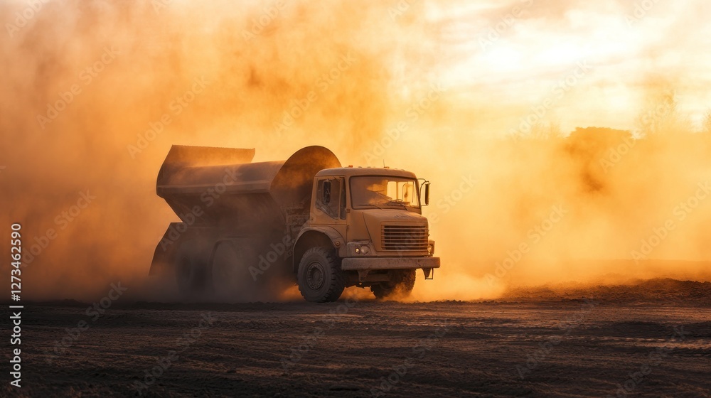 Obraz premium A heavy dump truck moves through a cloud of dust