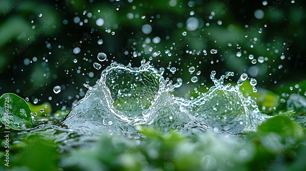 Water heart splash in garden, drops and greenery, natural background for refreshing concept Water heart splash in garden, drops and greenery, natural background for refreshing concept