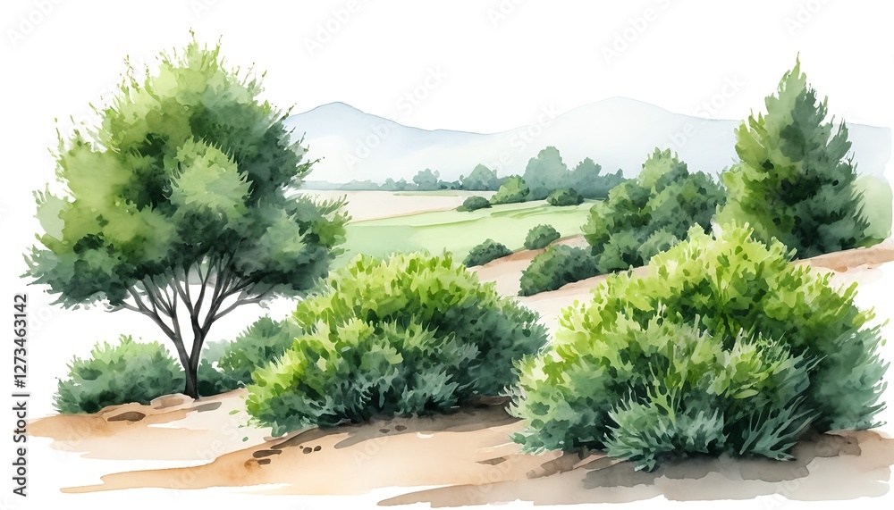 Fototapeta premium Watercolor Landscape Rolling Hills, Green Bushes, and Mountains