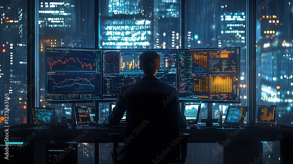 Financial Analyst Working on Dual Monitors, Stock Market Charts in Focus Financial Analyst Working on Dual Monitors, Stock Market Charts in Focus