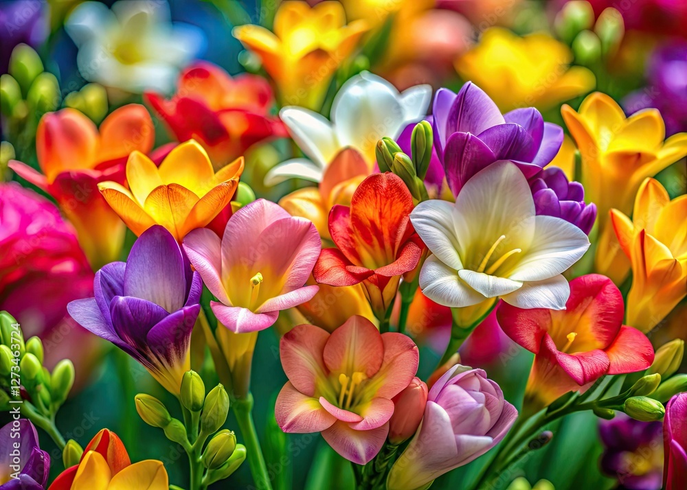 Fototapeta premium Bell-shaped freesias, smooth petals, bloom panoramically against a clean background.