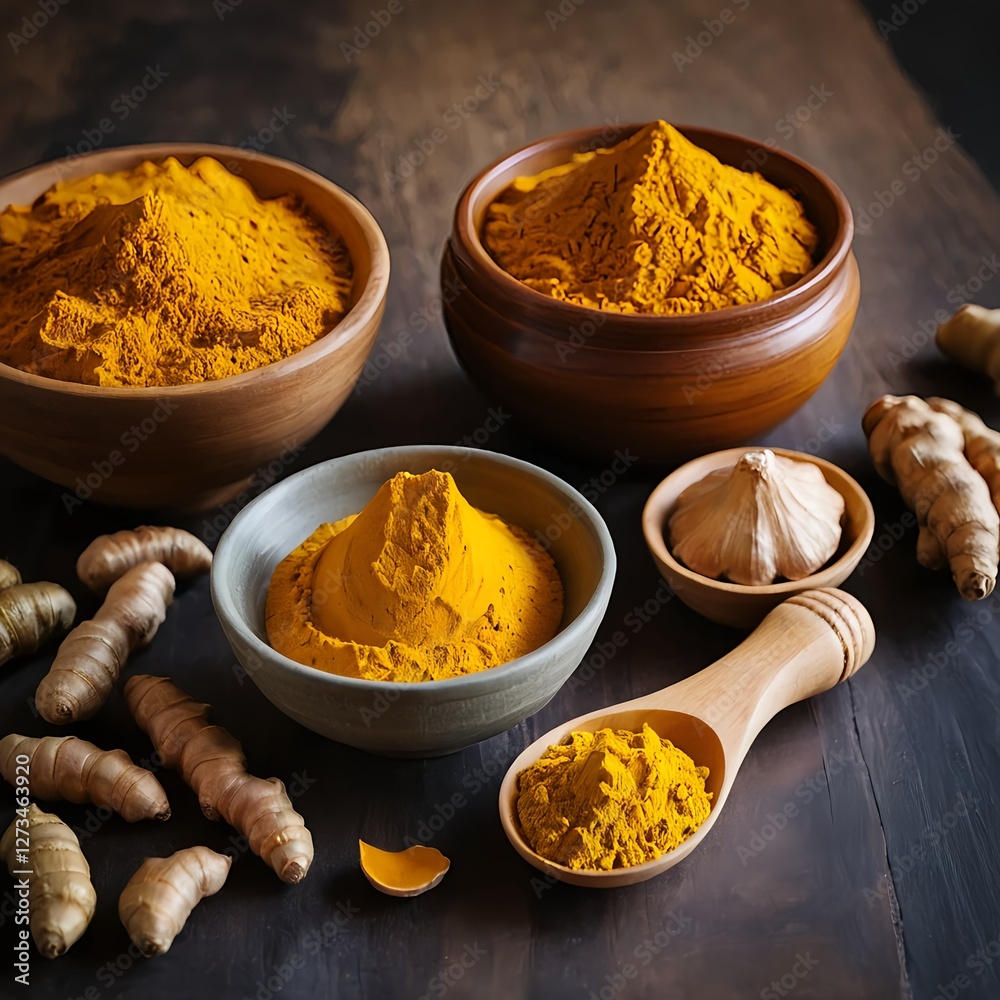 Turmeric Powder, Roots, and Garlic on Dark Wooden Background Turmeric Powder, Roots, and Garlic on Dark Wooden Background