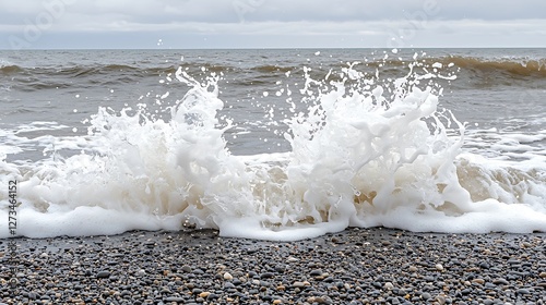 Waves crashing on a pebble beach, creating a splash. Cloudy sky and ocean backdrop photo