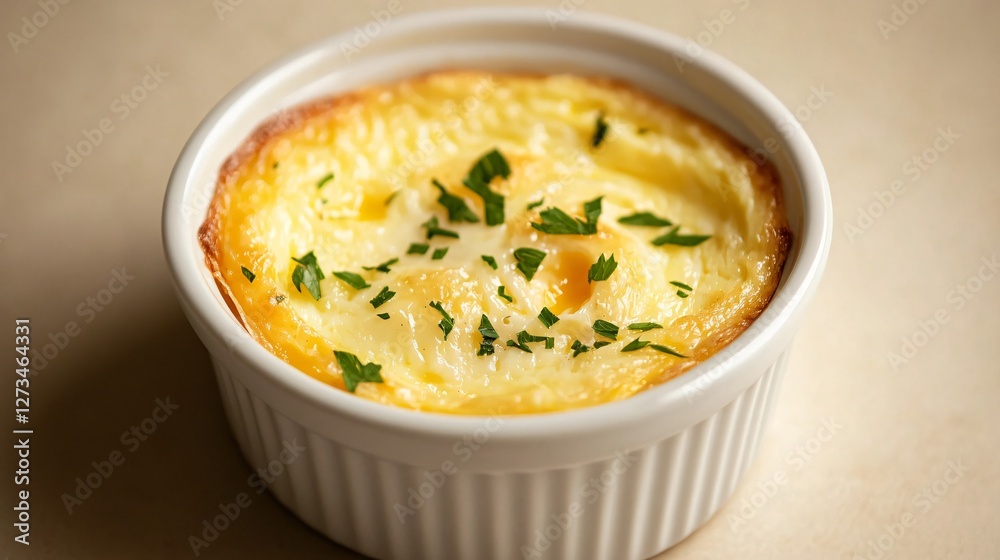 A close up of a cheesy baked egg cup in a white ramekin, showing gooey cheese layers and fresh herbs, placed on a neutral beige surface A close up of a cheesy baked egg cup in a white ramekin, showing gooey cheese layers and fresh herbs, placed on a neutral beige surface