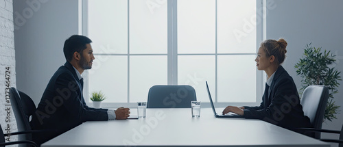 Job interview in a modern office setting with two professionals facing each other