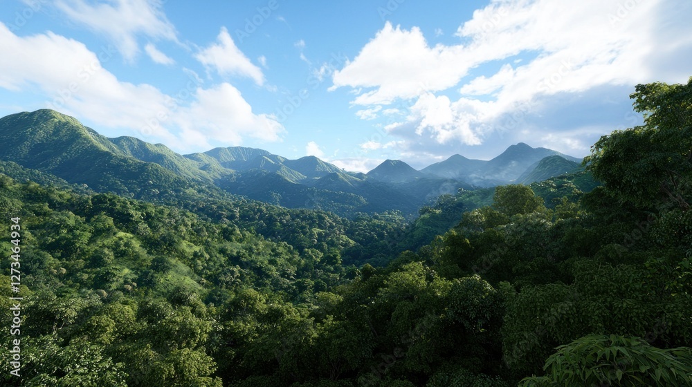 Obraz premium Lush green mountains under a bright blue sky with scattered clouds.