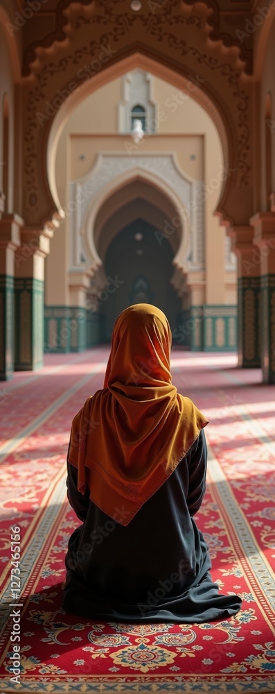 Muslim woman praying in traditional mosque with intricate architecture and beautiful carpet in warm sunlight Muslim woman praying in traditional mosque with intricate architecture and beautiful carpet in warm sunlight