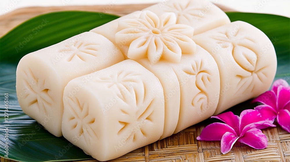 Intricately Carved Soap Bars with Floral Designs and Tropical Leaves on a Bamboo Surface