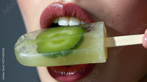 close-up of a woman eating green juice popsicle  photo