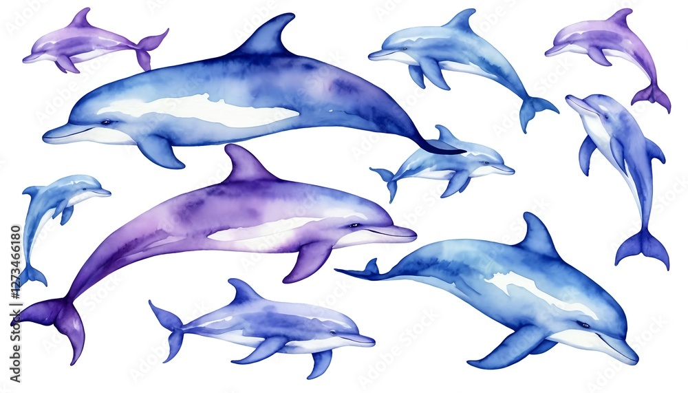 Fototapeta premium Watercolor Dolphins Set Blue and Purple Marine Mammals