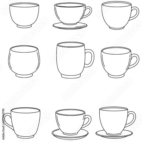 A Variety of Cups: Featuring an assortment of ceramic cups in a drawing style, offering a range of shapes, sizes, and designs, ideal for beverage concepts and design projects.
