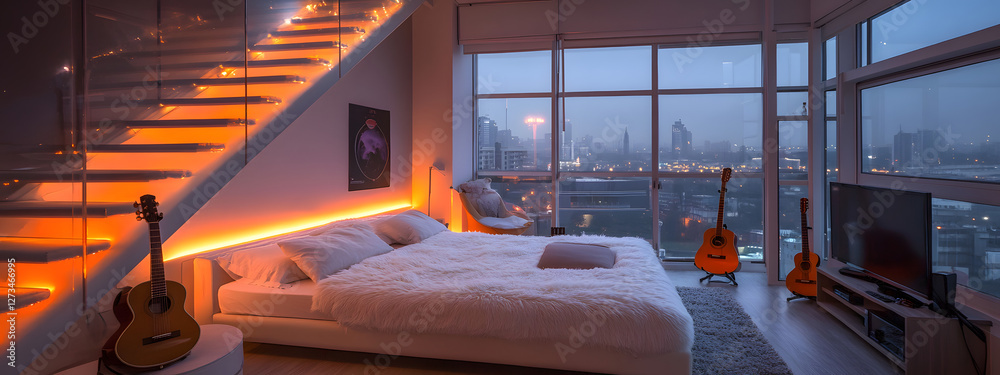 Fototapeta premium A modern and minimalist small bedroom with a double bed, a white sofa in the foreground 