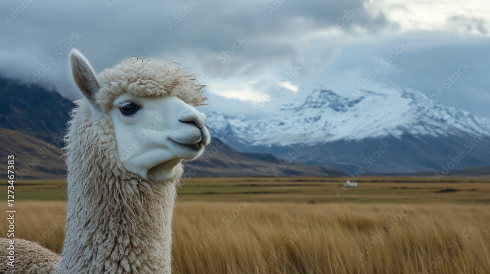 Obraz premium White alpaca stands majestically against a backdrop of snowy mountains
