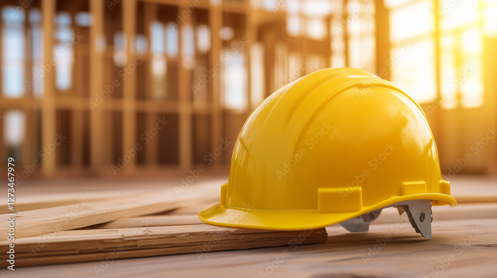 Yellow Hard Hat on Construction Site, Home Building, New Home Construction Yellow Hard Hat on Construction Site, Home Building, New Home Construction