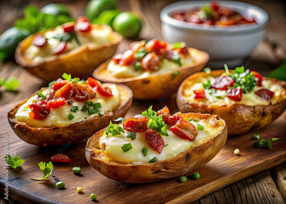 Crispy potato skins, tilted perspective, casual dining charm. A miniature world of delicious appetizers. Crispy potato skins, tilted perspective, casual dining charm. A miniature world of delicious appetizers.
