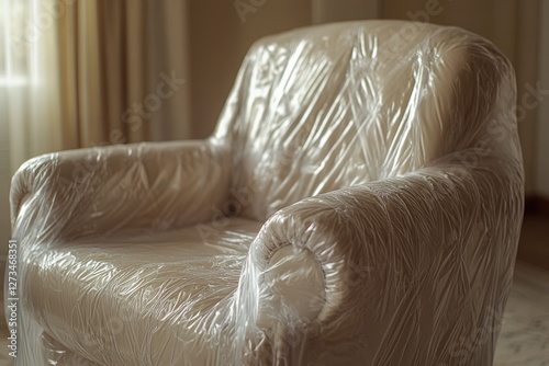 A single chair covered in plastic sheeting sits in a living room, waiting for disposal or cleaning