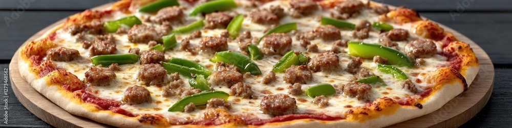 Freshly baked pizza sits on a rustic wooden cutting board, ready for serving Freshly baked pizza sits on a rustic wooden cutting board, ready for serving
