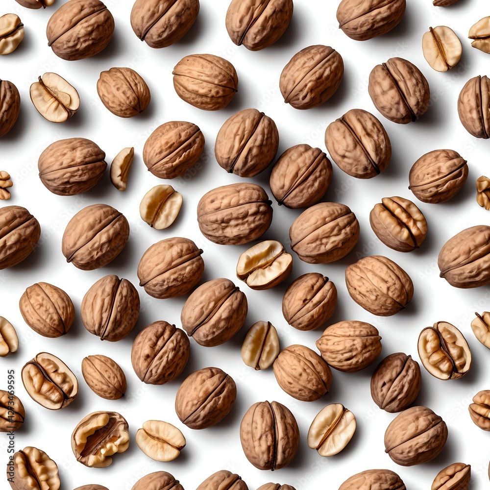 Walnuts Pattern, Whole and Halved Walnuts on White Background Walnuts Pattern, Whole and Halved Walnuts on White Background