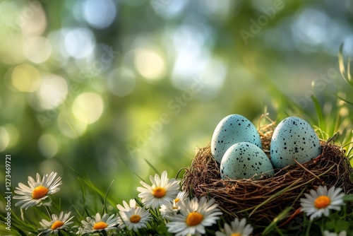 Blissful Easter - A nest with Easter eggs placed in the grass on a sunny spring day - Easter decoration scene