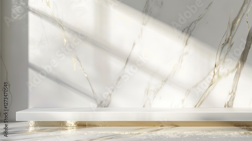 Empty white marble stage with golden veins and sunlight shadows on luxury wall background for product showcase
