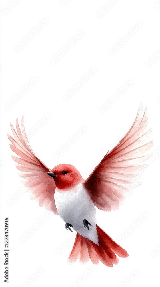 Obraz premium A vibrant red bird in flight, showcasing its graceful wings against a soft white background.