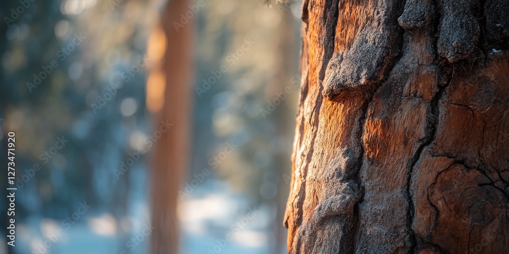 Warm sunlight illuminating textured tree bark in winter forest
