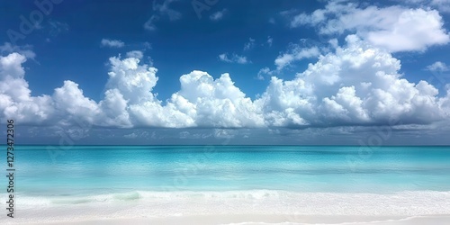Sun-kissed white sand meets crystal-clear turquoise waters under a radiant azure sky; gentle, frothy waves kiss the shore, capturing serenity and vibrant hues in this idyllic beach scene