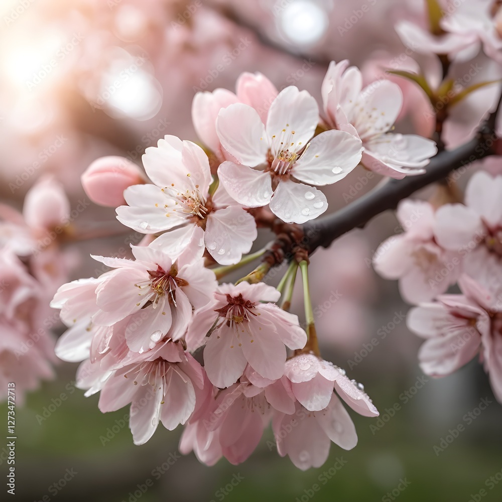 Fototapeta premium Delicate Pink Cherry Blossoms with Dew Drops
